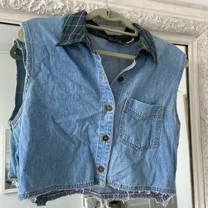 Funky vintage 90s denim top  with green plaid collar from original dress